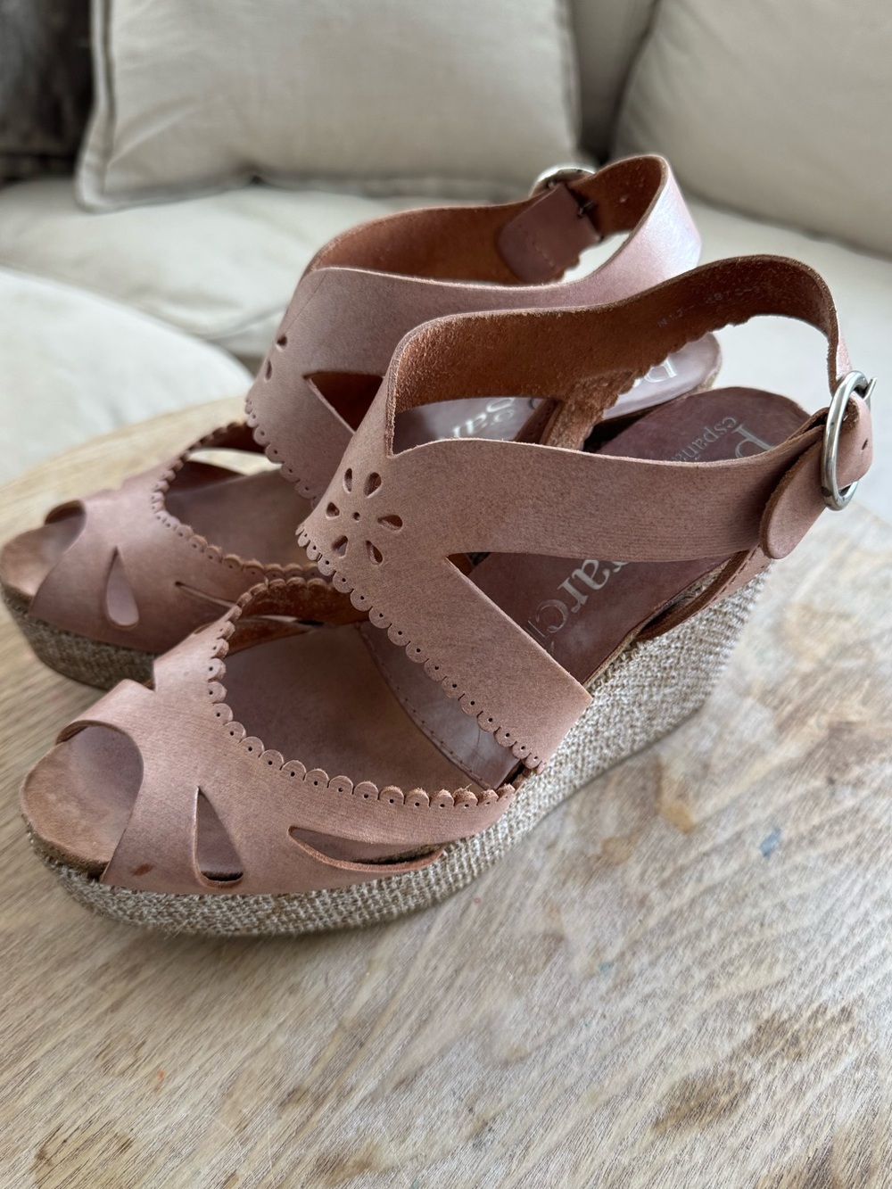 PEDRO GARCIA Winona Cutout Leather Scalloped Jute Wedge Platform Sandals Size 38